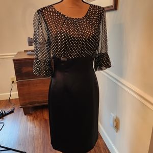 Like new Tahari ASL knee length black dress with dotted silk tie bodice size 6